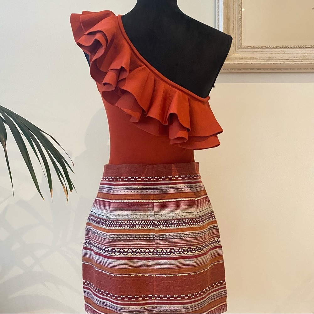 RODEO SHOW Ruffle Trim One Shoulder Viscose Rust Knit Top Blouse Stretch Size M - Picture 4 of 11